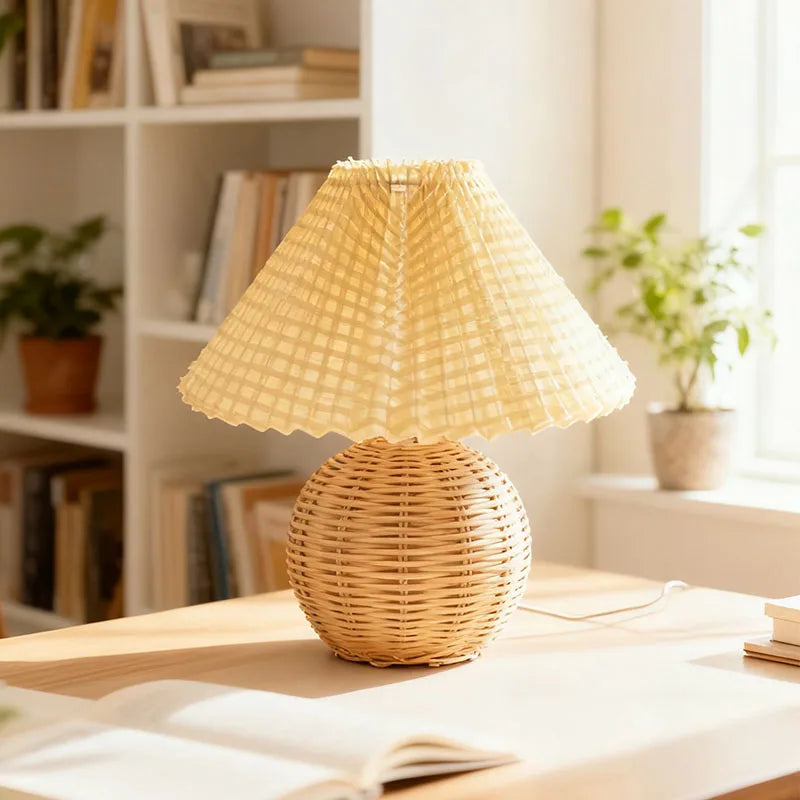 Wabi Bamboo Ball Lamp with Crinkled Shade, Bedroom Wall Lamp, Natural Material Home Desk Lamp
