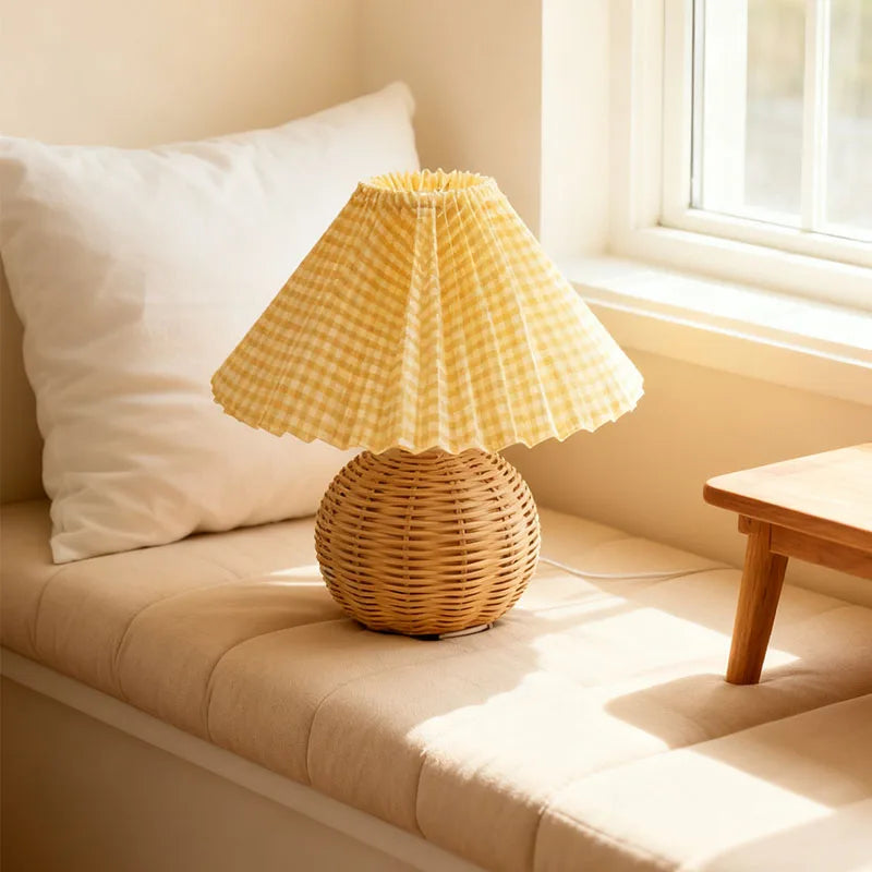 Wabi Bamboo Ball Lamp with Crinkled Shade, Bedroom Wall Lamp, Natural Material Home Desk Lamp