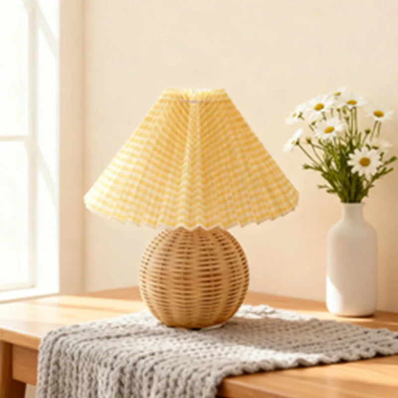 Wabi Bamboo Ball Lamp with Crinkled Shade, Bedroom Wall Lamp, Natural Material Home Desk Lamp