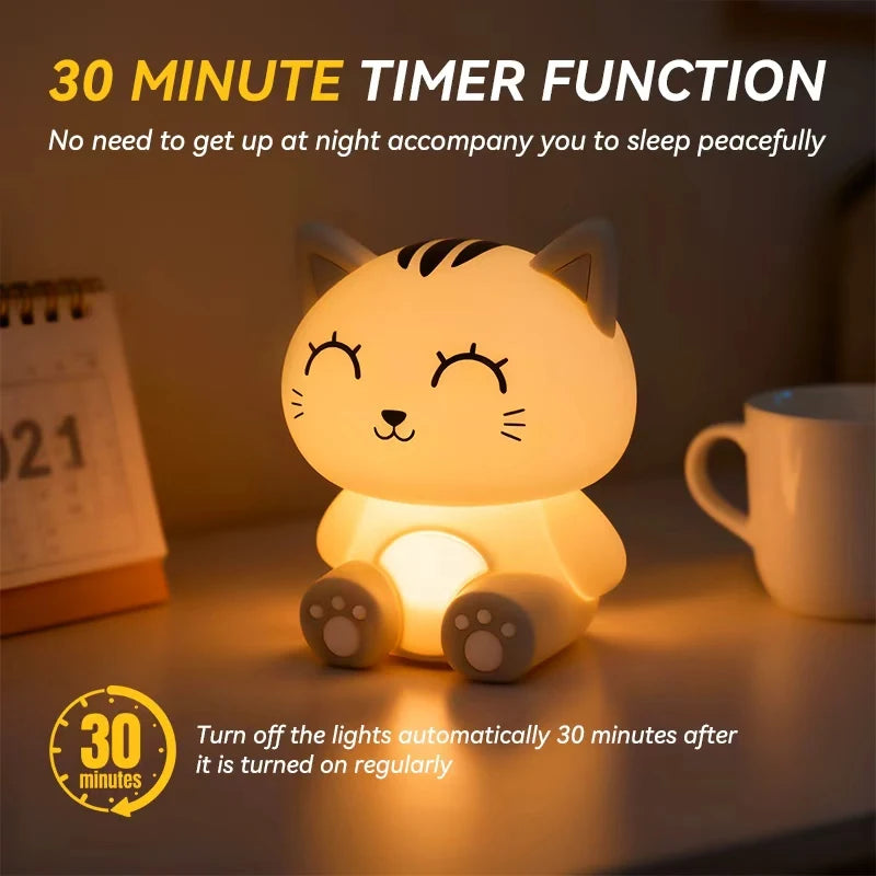 Gray Cat Night Light,Chargeable Bedside Lamp,Touch-Control Dimming,Timer Function,Ideal for Home Decor,Perfect Gift Choice